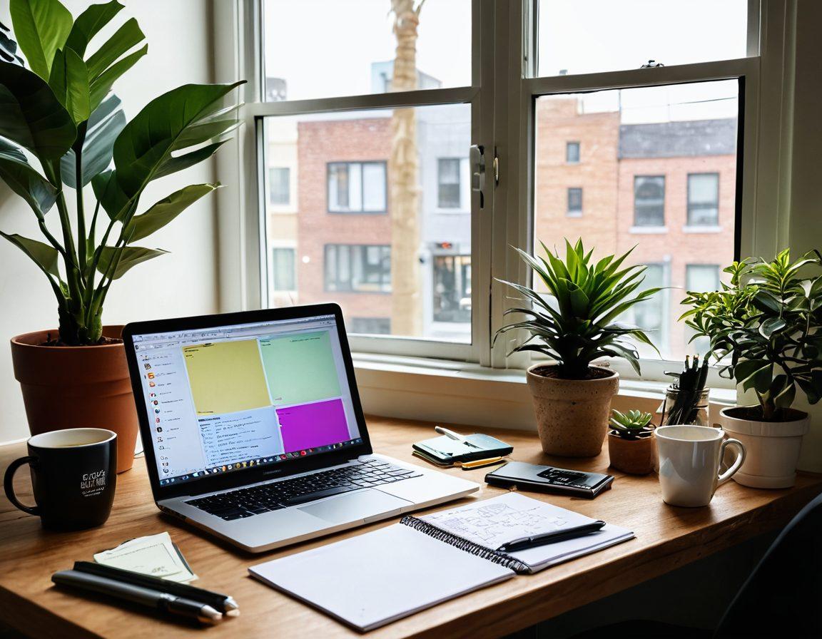 A modern workspace featuring an open laptop displaying a beautifully designed blog interface, surrounded by colorful notebooks, pens, and a large plant for a refreshing touch. In the background, a corkboard filled with pinned notes and achievements reflects creativity and organization, with soft daylight streaming through a window. Artistic details like coffee mugs and inspirational quotes enhance the scene’s warmth. super-realistic. vibrant colors. cozy atmosphere.