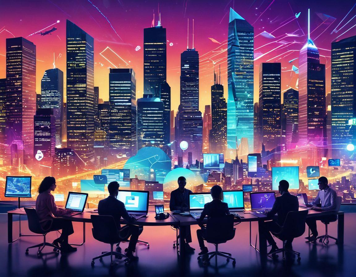 A digital landscape filled with floating, animated blog pages and archives, featuring a diverse group of people of different backgrounds happily collaborating and organizing their content. In the background, soft light beams illuminate a futuristic cityscape representing the vastness of digital information. Emphasize tools like laptops, tablets, and digital notepads scattered around. Vivid colors, high-tech elements, and a hint of nostalgia in the design. super-realistic. vibrant colors. futuristic.