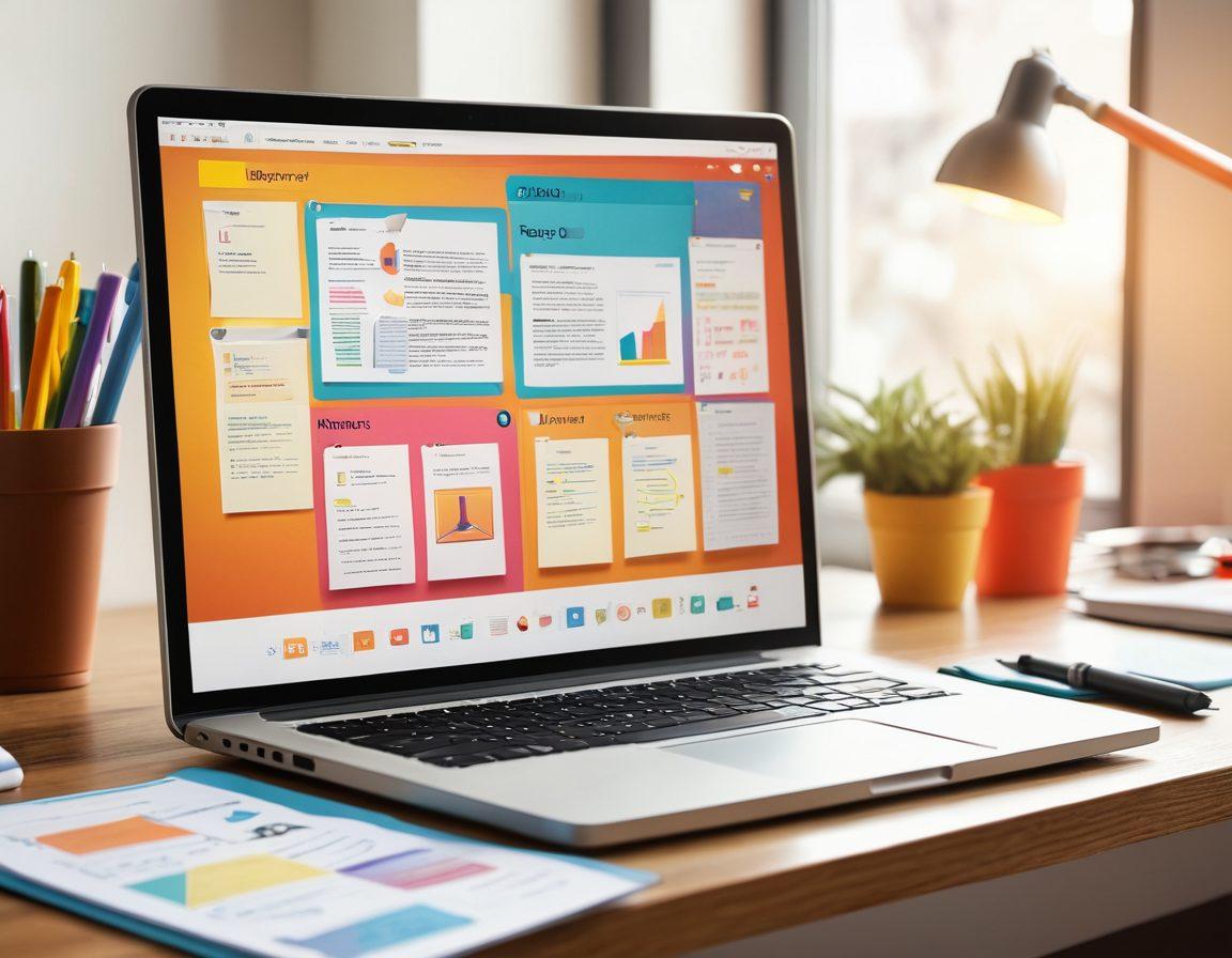 A digital workspace filled with organized content materials, including colorful file folders, notes, and laptop screens displaying a well-structured blog archive. A light bulb symbolizes innovative strategies, surrounded by vibrant icons representing diverse blog topics. Soft, inviting colors create a warm atmosphere. super-realistic. vibrant colors. soft focus.